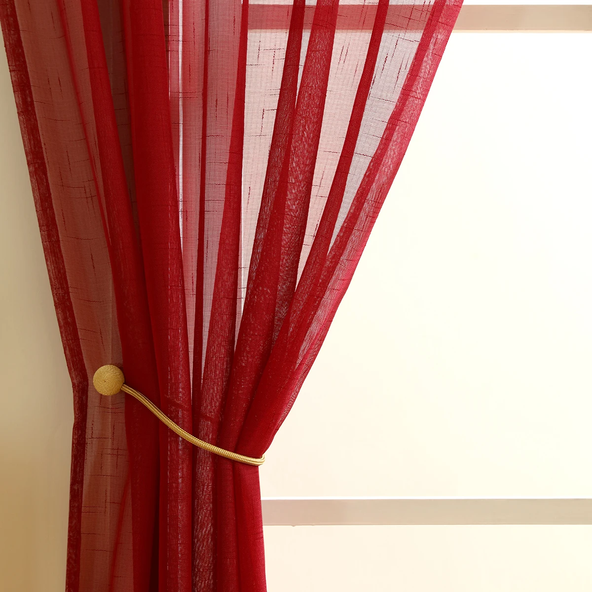 1pc Solid Color Sheer Curtain，Red Celebration Style Hemp Gauze Curtain for Living Room Decor，Transparent Tulle Voile