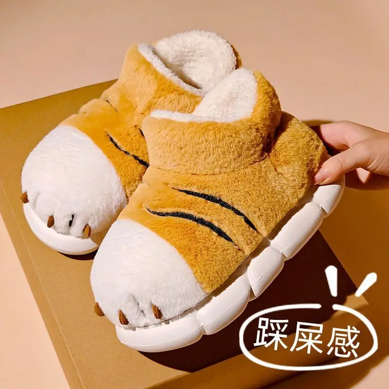 High Top Slip-on 3D Stereoscopic Pantuflas Kawaii Animals Cotton Shoes for Women Winter Warm Fluffy Fur Tiger Paw Slippers view 2