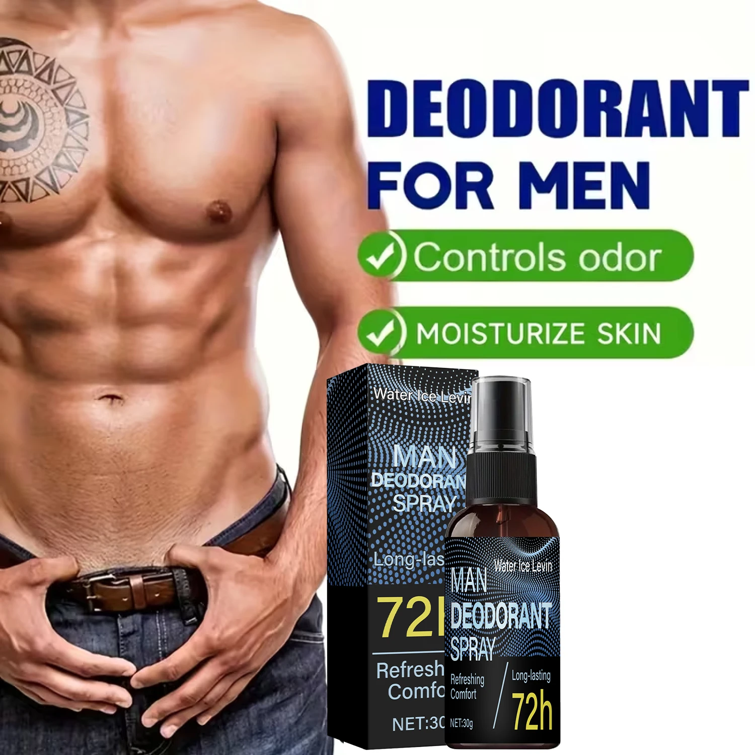 Men Deodorant Spray. 72h Long Lasting Odor Control. Moisturizes Skin Comfort Refresh. Strong Effective Formula. 30g Net.