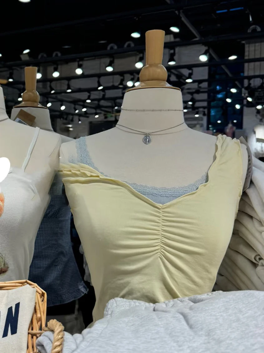 

Yellow Cotton Slim Fungus Vest Women Summer Folds V Neck Sleeveless Basic Chic Crop Tops Preppy Style Sweet Casual Tank Tops New