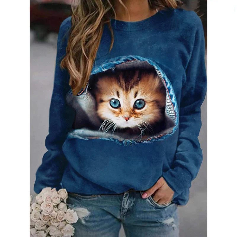 Autumn Cartoon Cat Sweatshirts Animal 3D Print Hoodies Women New Long Sleeve Y2k Hoodie Oversized Pullovers Tops Female Clothing