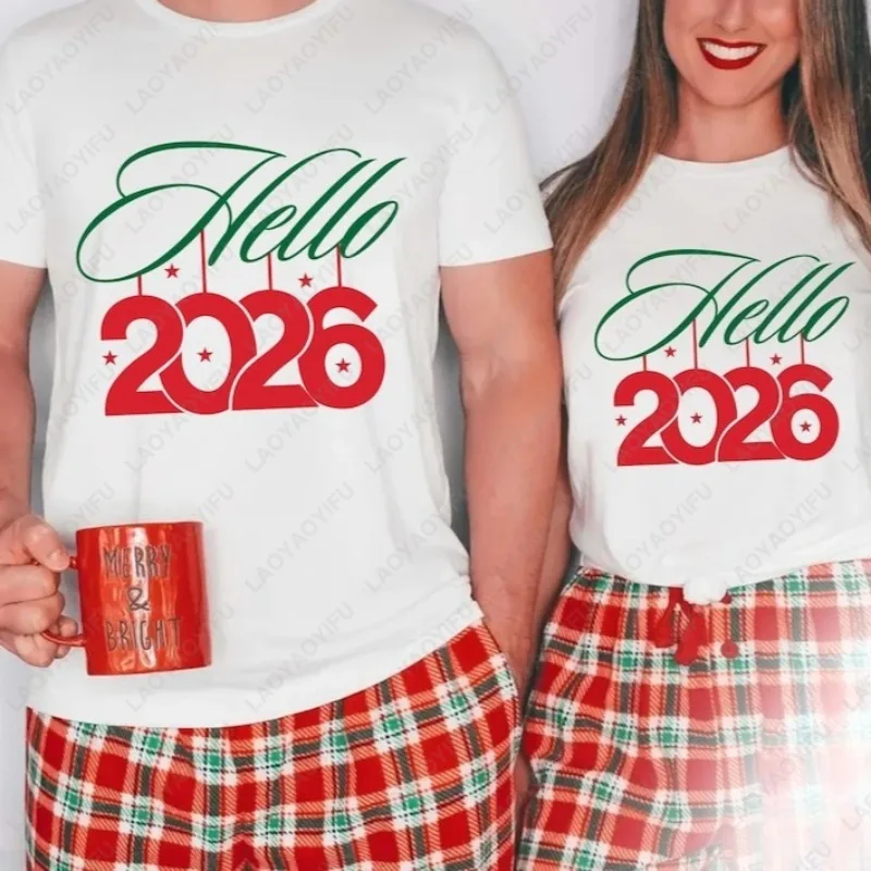 

Hello 2026 New Year's Eve Matching Unisex Adult Cotton Tee Festival Graphic Simple Style Regular Short Sleeve Lovers' Clothes