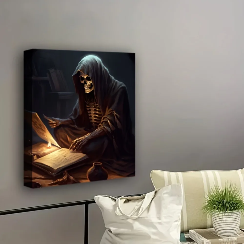 

1.5 inch solid wood frame, Halloween Horror skeletons read newspaper art deco, wall deco hanging pictures.