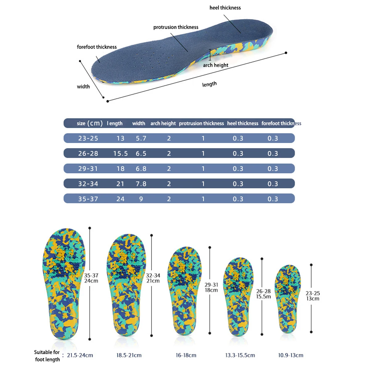 Arch Support Shock Absorption Anti-Skid Sports and Leisure Cuttable Full Pad for Children's Flat Foot Sole Arch Support