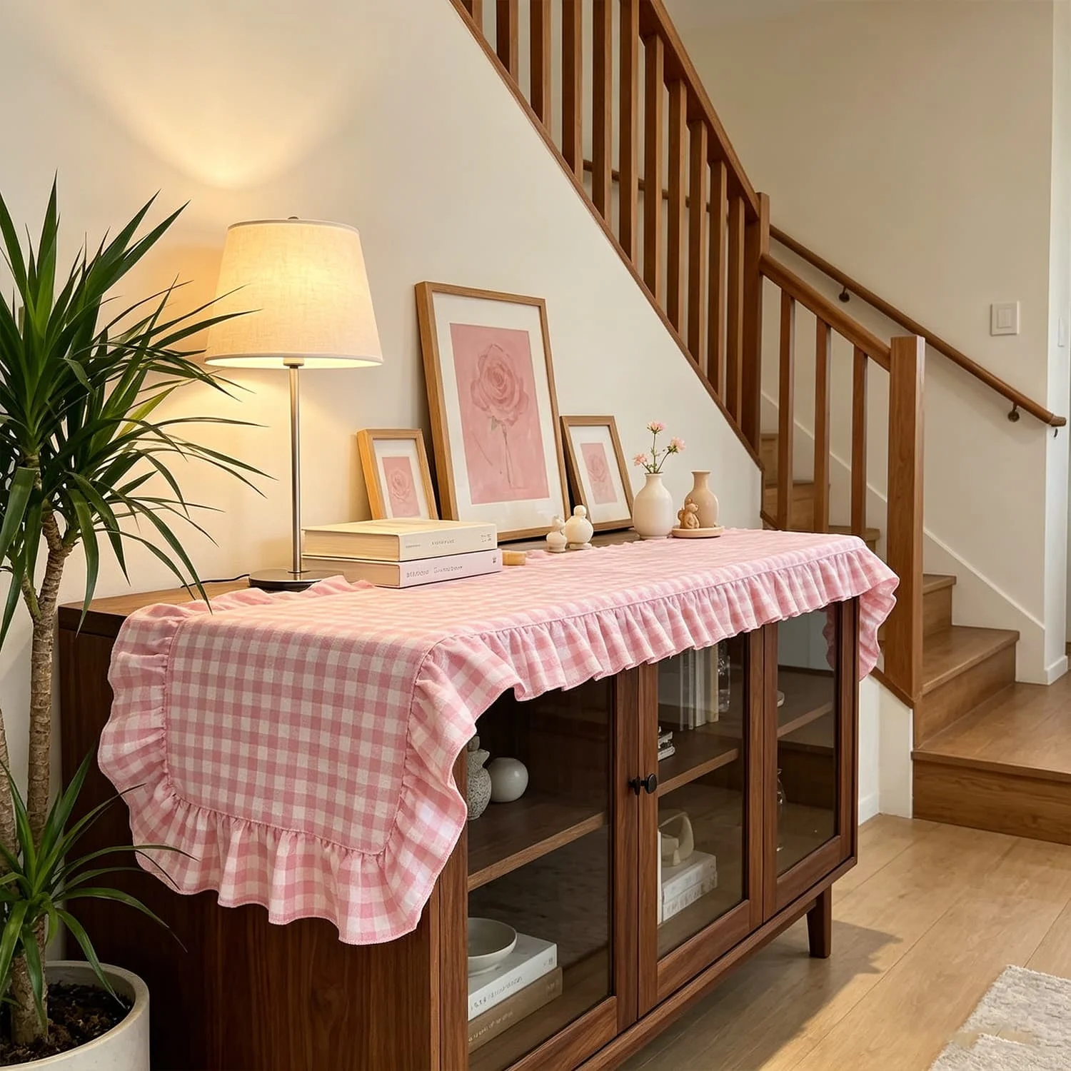 Korean Pink Plaid Ruffled Edge Tablecloth Soft Fabric Table Cover For Kitchen Dining Study Room Birthday Holiday Party Home