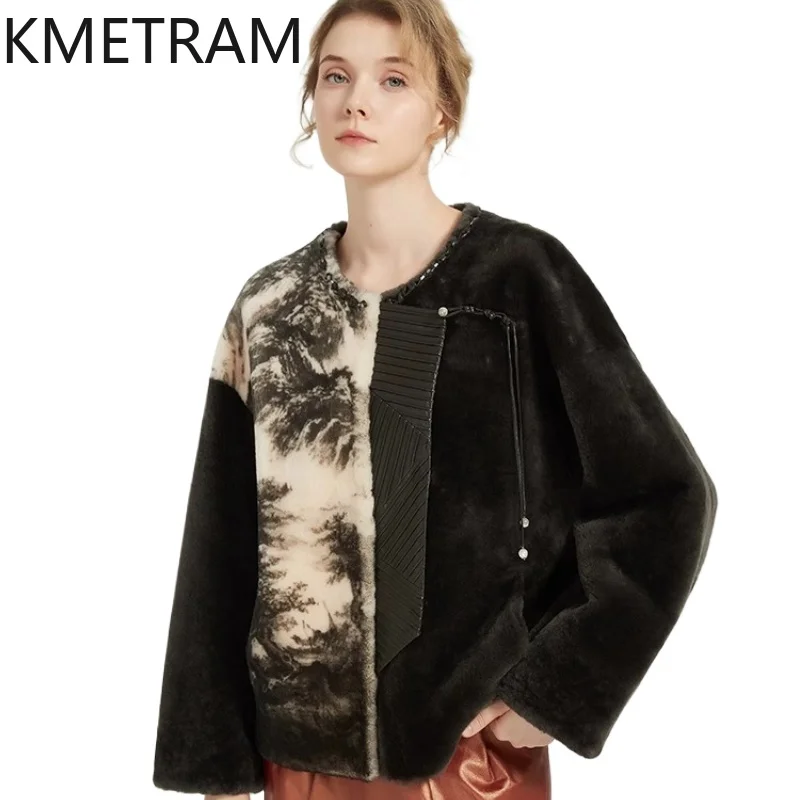 KMETRAM piel de oveja Natural con lana abrigo de piel atada moda corta nuevo 2025 invierno mujer chaqueta estampada manteaux hiver femme