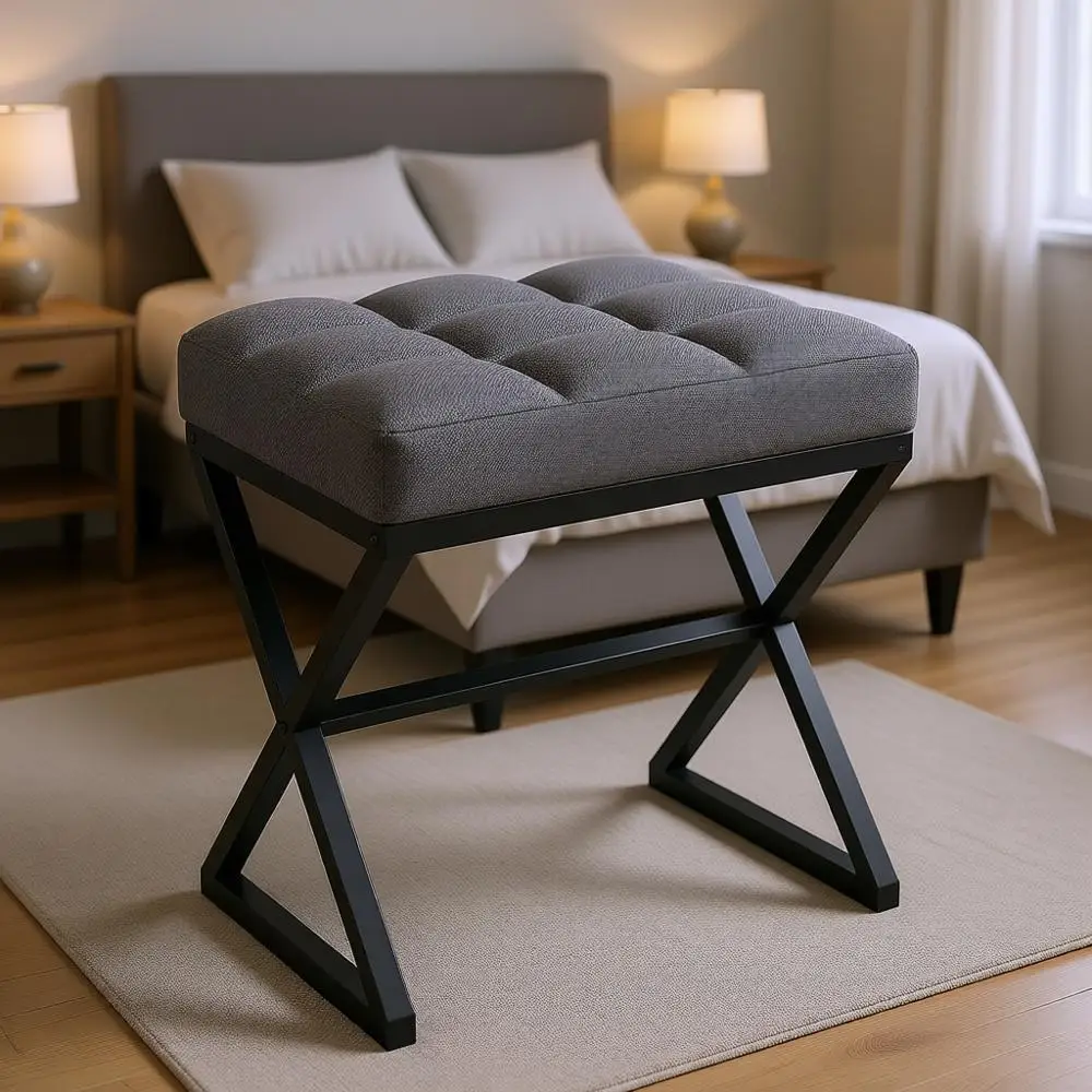 

Серый льняной табурет для туалетного столика с металлическими ножками X-образной формы для гостиных 15.74x11.81x18.11