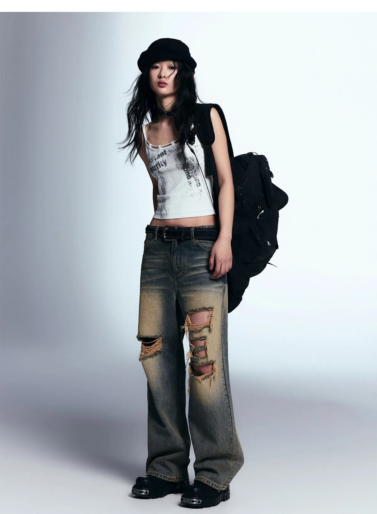 IMU Cest Nous Vintage Hole Jeans Women Punk Hip Hop Cool Girls Low Waist Raw Edge Straight Long Denim Trousers Pant Capris