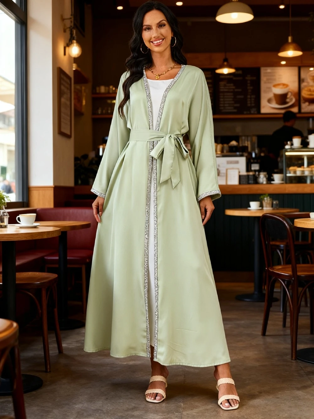 سترة عيد للنساء عباية ماسية من الساتان الإسلامي المغرب قفطان فساتين حفلات رمضان عبايات عربية طويلة رداء فستان مفتوح جلابية