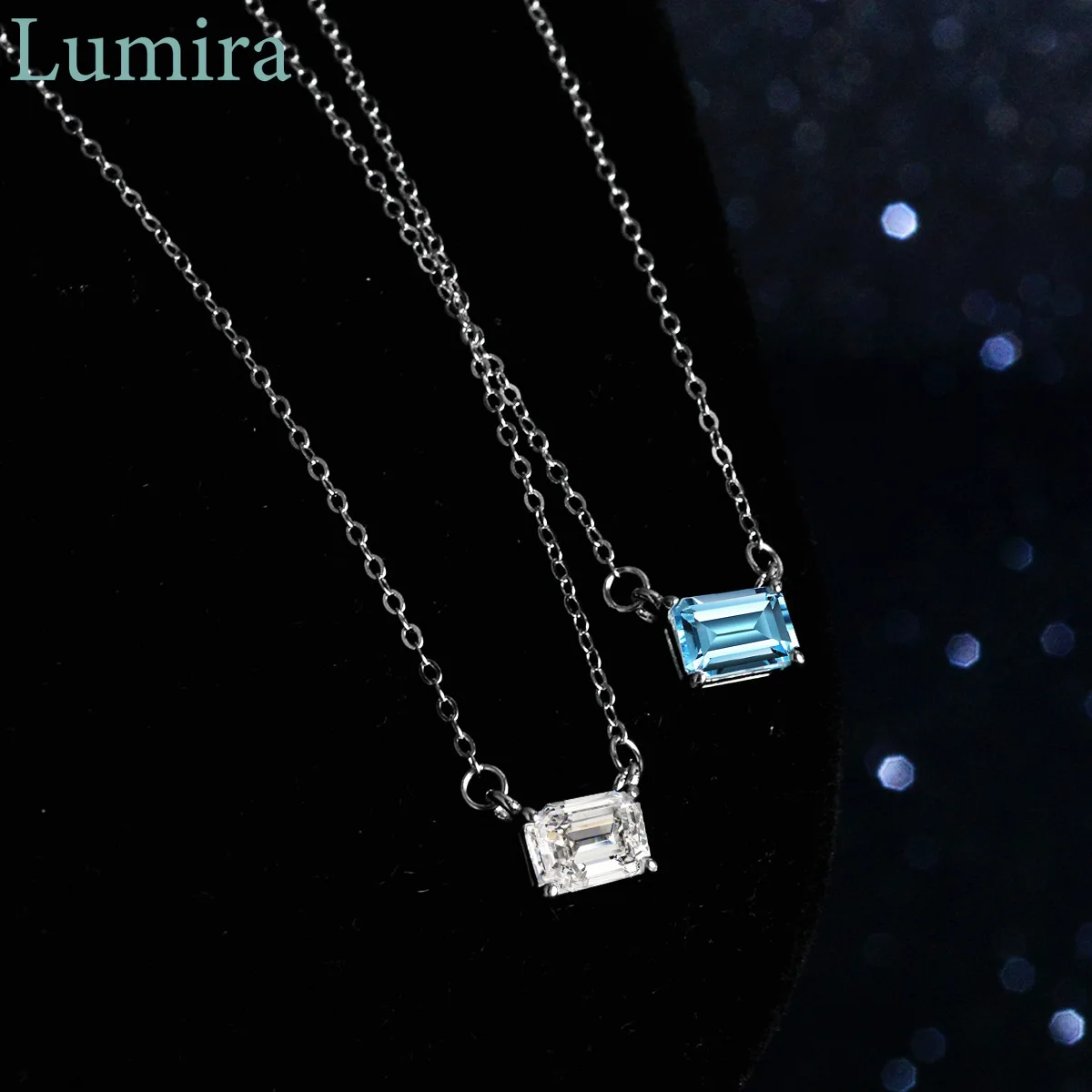 

Lumira 1ct Geometric Rectangular Platinum PT950 Collarbone Necklace with Emerald Cut Blue Topaz / Moissanite Pendant for Women