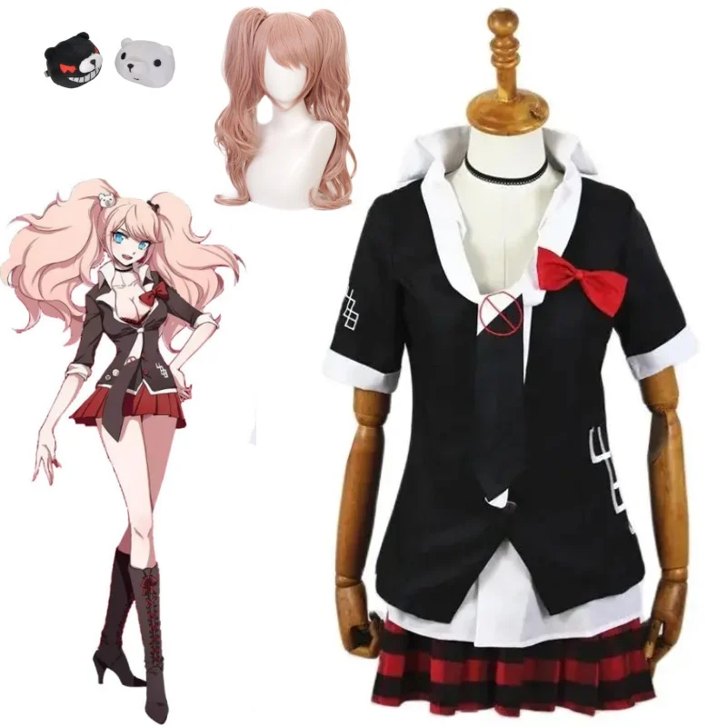 Anime Game Danganronpa Cosplay Kostuum Enoshima Junko Uniform Café Werk Clothe Korte Rok Monokuma Hoofddeksels Dubbele Paardenstaart Pruik