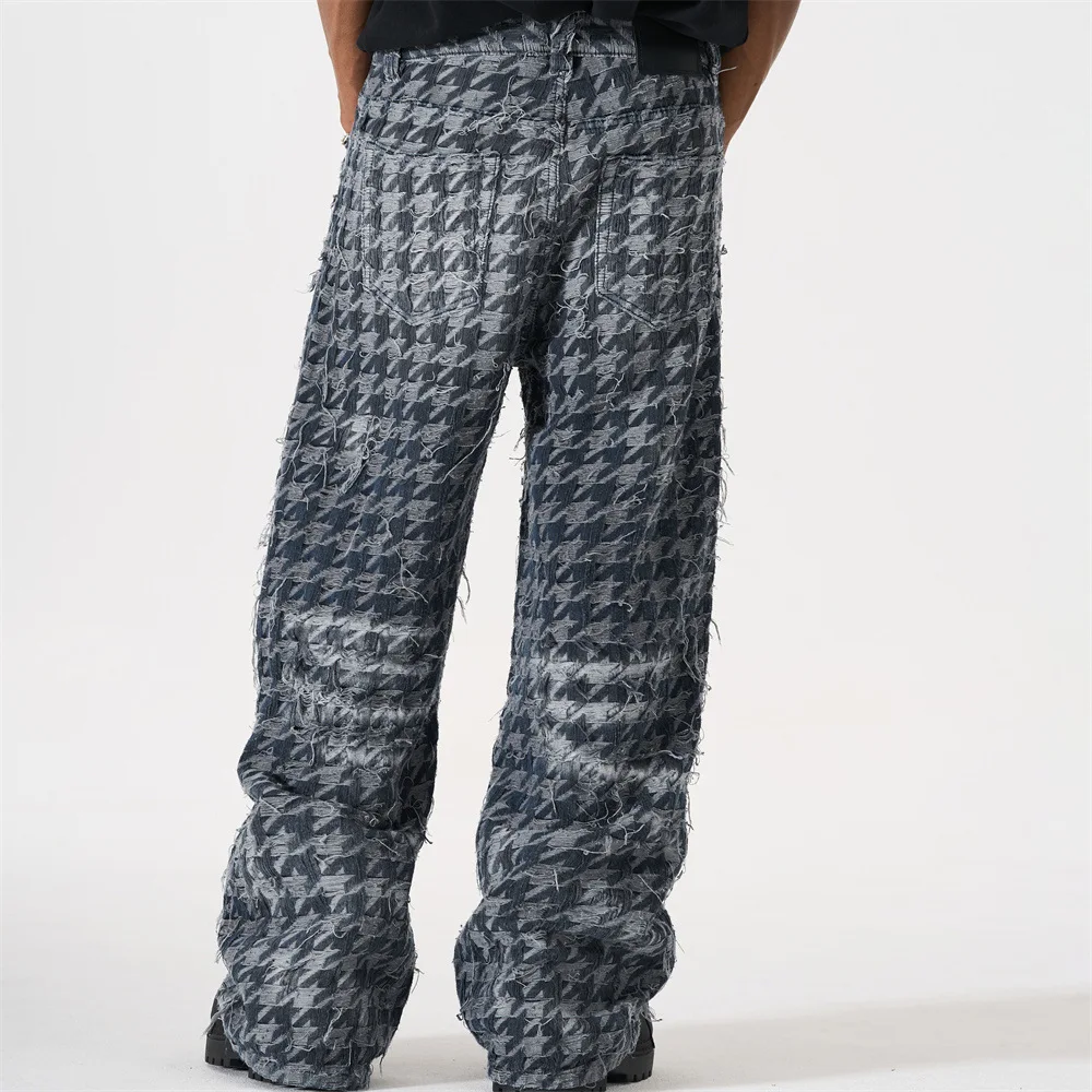 MWJLPWQ Plaid Jeans For Men Trendy Punk Style Washed Distressed Heavy-Duty Full-Print Jacquard Fringed Straight-Leg Pants 17294