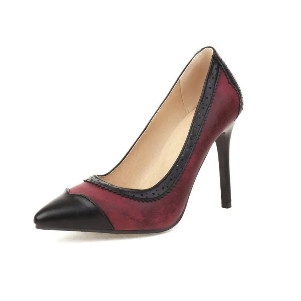 Women's Pointed Toe Stiletto Pumps Brogue Patchwork High Heels Plus Size 32-48 5 Colors Office Dress Shoes 10-3