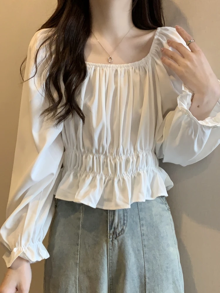 Slimming Design Short Bubble Sleeve Shirt Square Collar Women's Fashion Early Autumn Shirt Waist Cinching Korean Style T-shirt