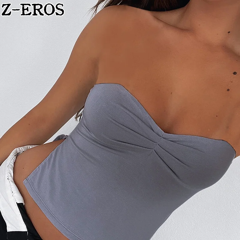 Z-EROS Women's Summer Solid Color Square Neck Sling Strap Bra Fold Open Back Tank Top Split Open Navel Ultra Short Top T-shirt