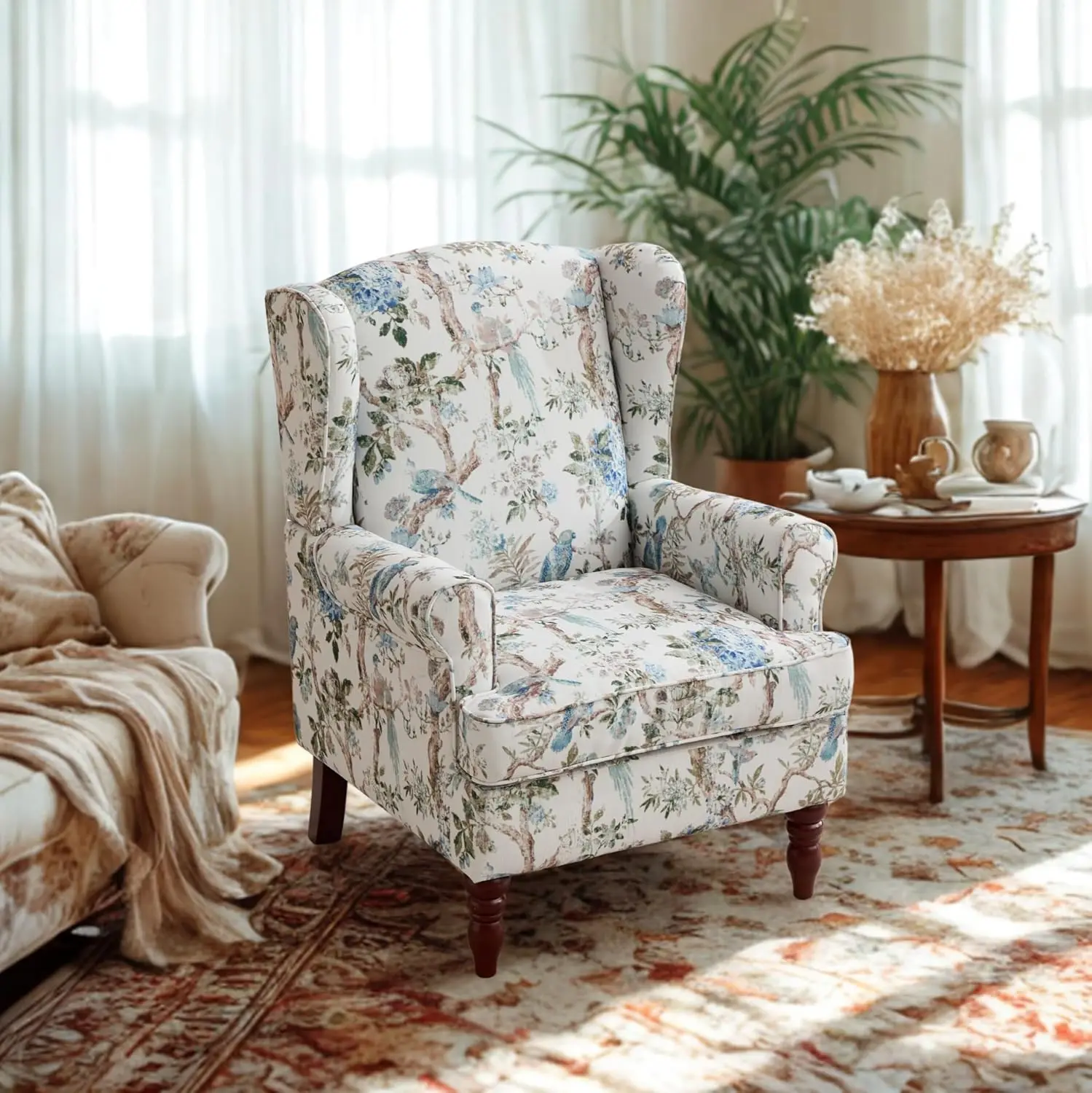 Wingback Accent Chair Solid Wood Legs Cushion Upholstered Floral Armchair Retro Single Sofa Living Room Bedroom, Customized