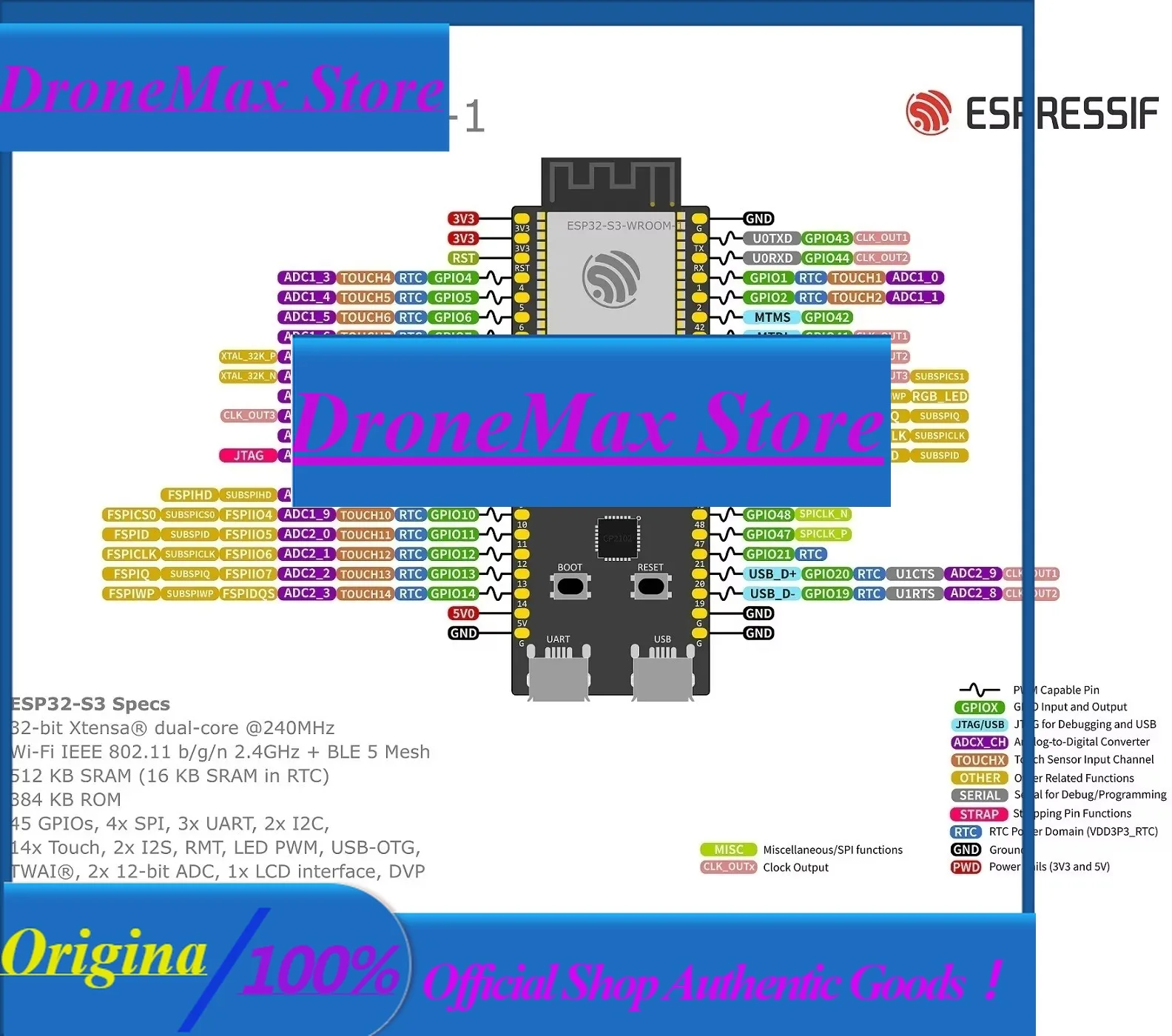 DroMaEspressif ESP32-S3-DevKitC-1 Development Board, Featuring The ESP32-S3-WROOM-2-N32R16V Module