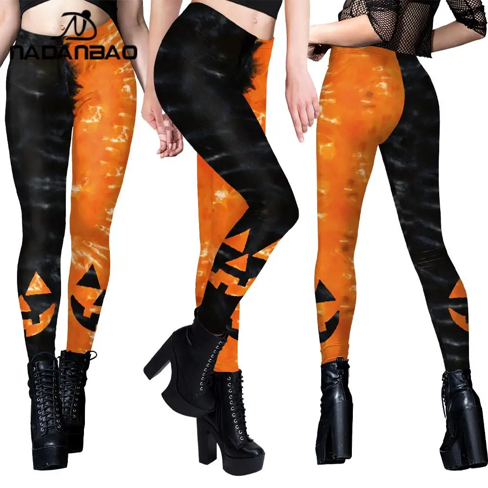 Nadanbao Halloween Women's Tight Pants Black Orange Pumpkin Smiling Face 3D Digital Printing Sports Fitness Yoga Leggings