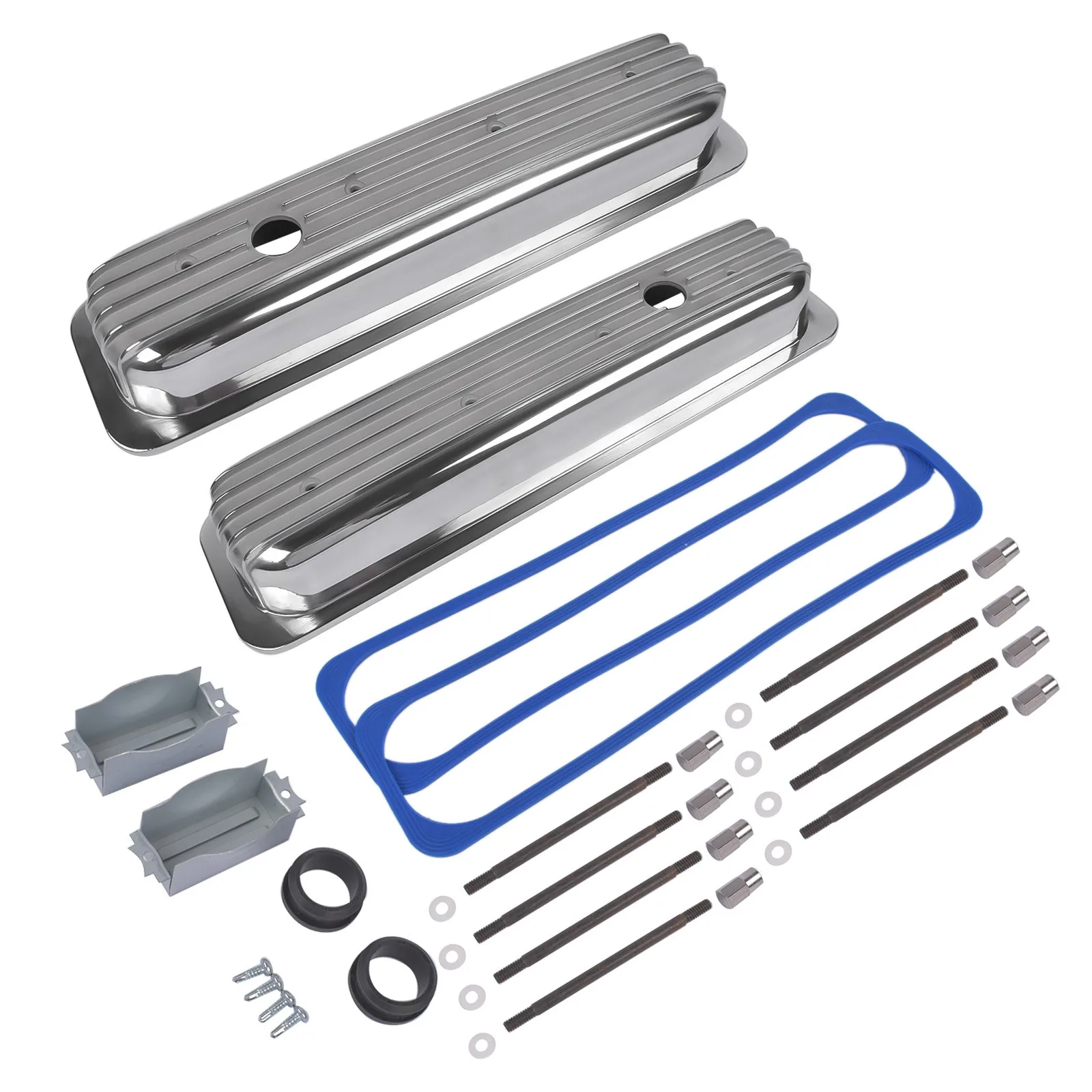 AP02 Finned Polished Center Bolt Valve Covers w/ Gasket For 5.0L & 5.7L SBC 350 450 1987-1999 Small Block Chevy 283, 305, 327, 350 and 450 with Center-Bolt Pattern.