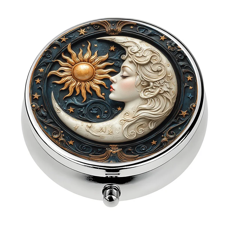 A mini pill box, single compartment, three-compartment design, with an astronomical theme, perfect for organizing vitamins and medication. This compact travel pill box easily fits into a wallet or bag.
