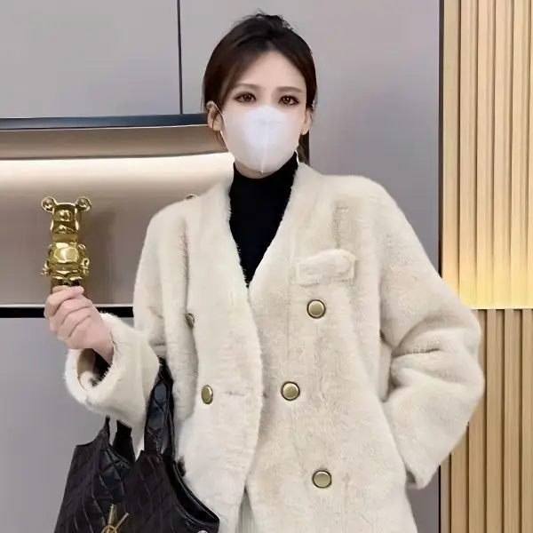 Winter Nieuwe Effen Kleur V-hals Lange Mouw Mode Uitloper Vrouwen High Street Casual Losse Knop Vest All-Match Dikke tops