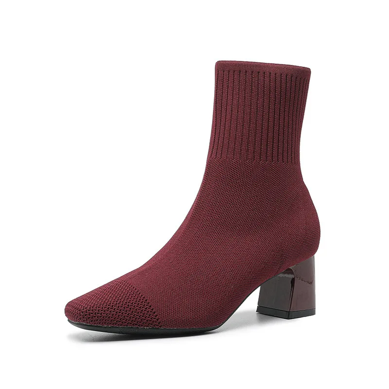 Gorasion Women Autumn Winter New Elastic Thick Heeled Slim Boots Knitted Sock Boots Black Square Toed High Heels Ankle Boots