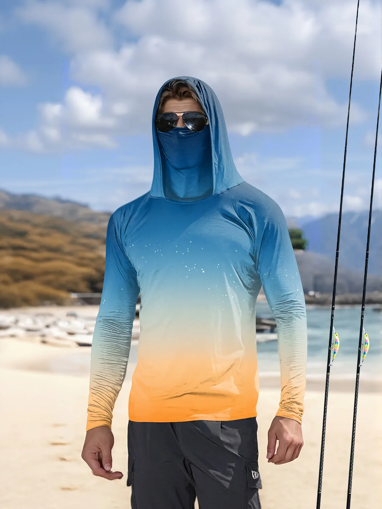 Mens Fishing Shirt Hooded UPF Sun Protection Long Sleeve Face Mask Camo Quick Dry Outdoor Hiking Hunting Rash Guard Jersey Top