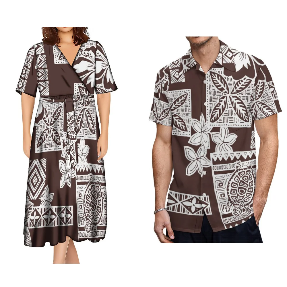 Traditional Samoan Clothing New Design Summer Dress Couple Suit Women Exquisite Belt Elegant Dress Men Art Short Sleeve Shirt