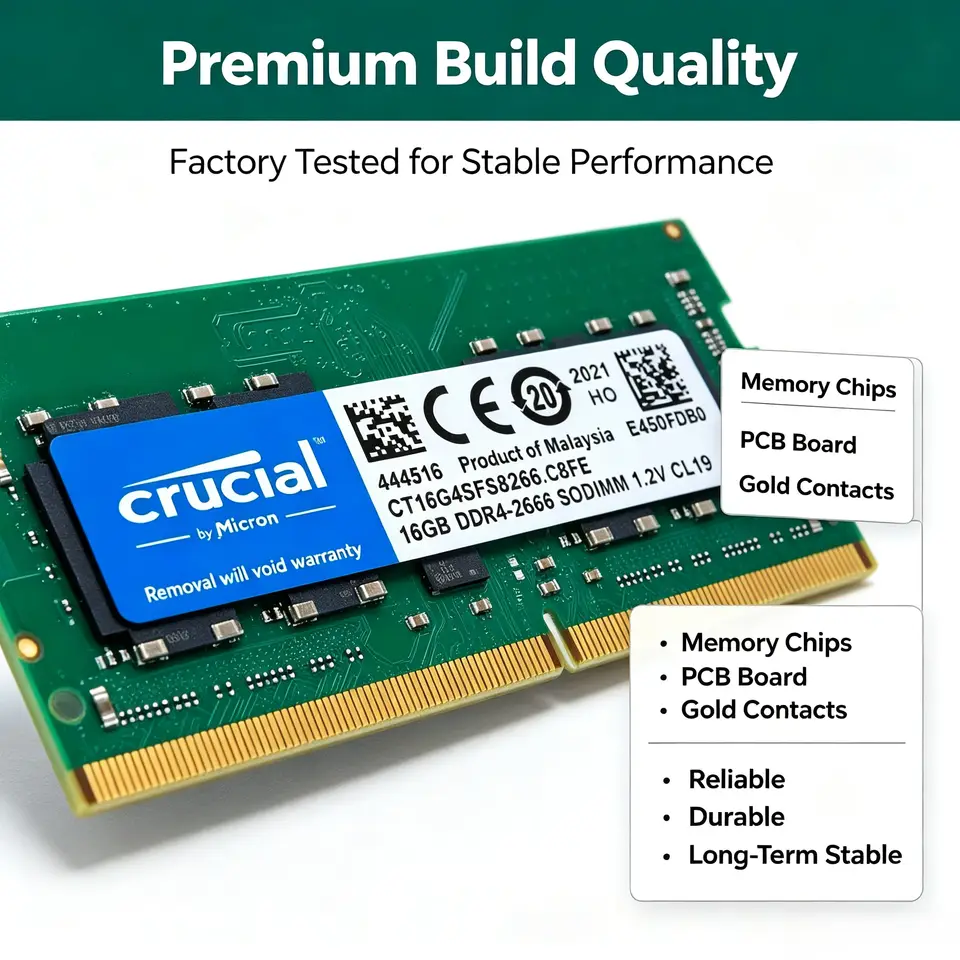 ترقية ذاكرة دفتر الملاحظات من Crucial - ذاكرة رام DDR4 للابتوب SODIMM 4 جيجابايت، 8 جيجابايت، 16 جيجابايت، 2400، 2666، 3200 ميجاهرتز، لوحة دوائر خضراء، 8 شرائح - 5