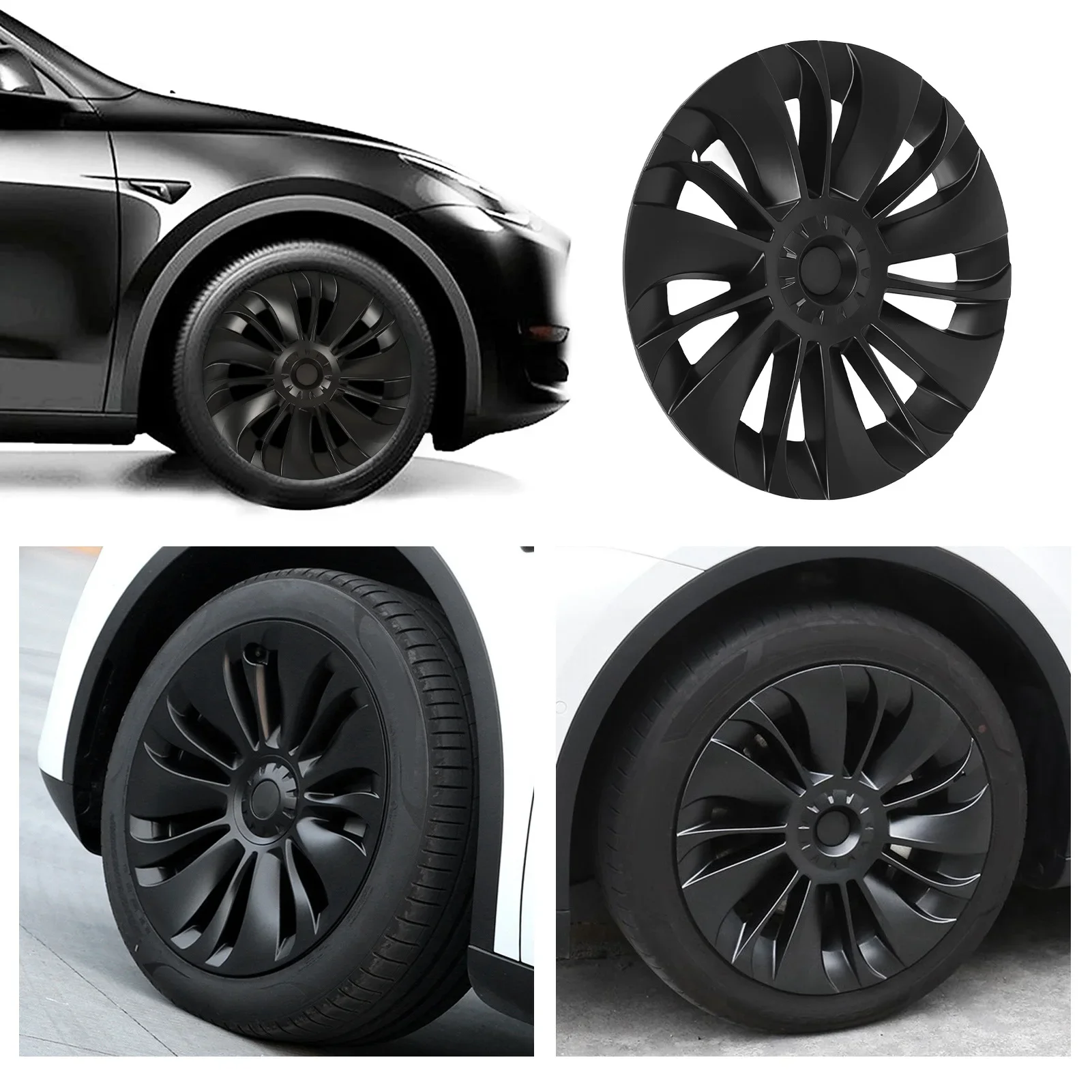 4PCS 19in Wheel Hub Cap Matte Black Cool Sporty Wheel Rim Cover Replacement for Tesla Model Y 2020 to 2023 Asymmetrical