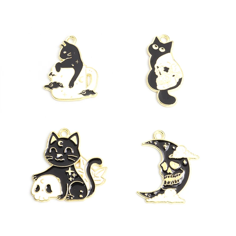 10 pezzi teschio nero luna scheletro gatto smalto Charms moda Halloween pendenti orecchini fatti a mano fai da te bracciali accessori gioielli