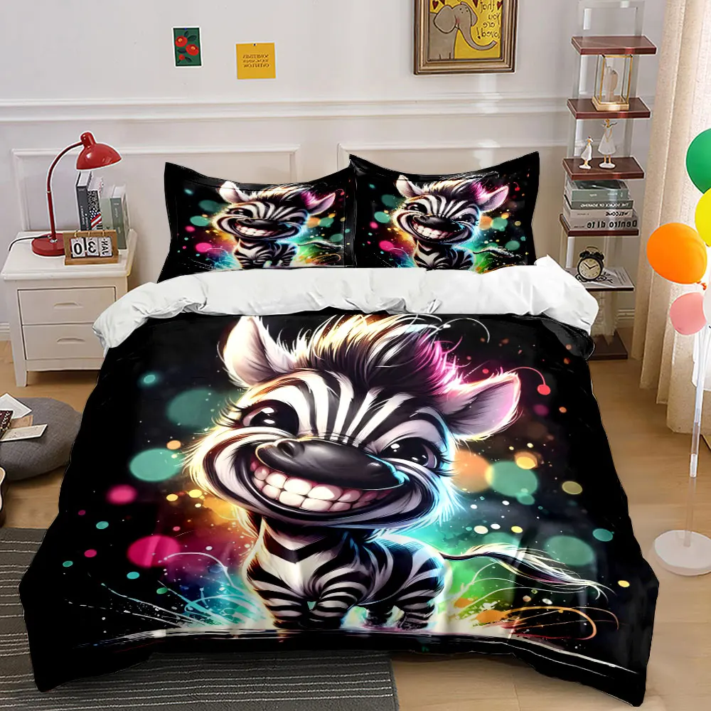 Cartoon zebra with colorful background Print Bedding Set 1 Duvet Cover 2 Pillowcases for Adult and Children Luxury Gift
