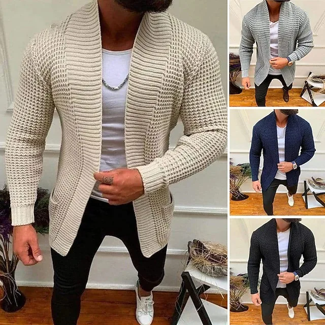

Long Sleeve Solid Men Sweaters Cardigan Knitted Sweater Turn Down Collar Loose Slight Strech 2025 Autumn Casual Pockets