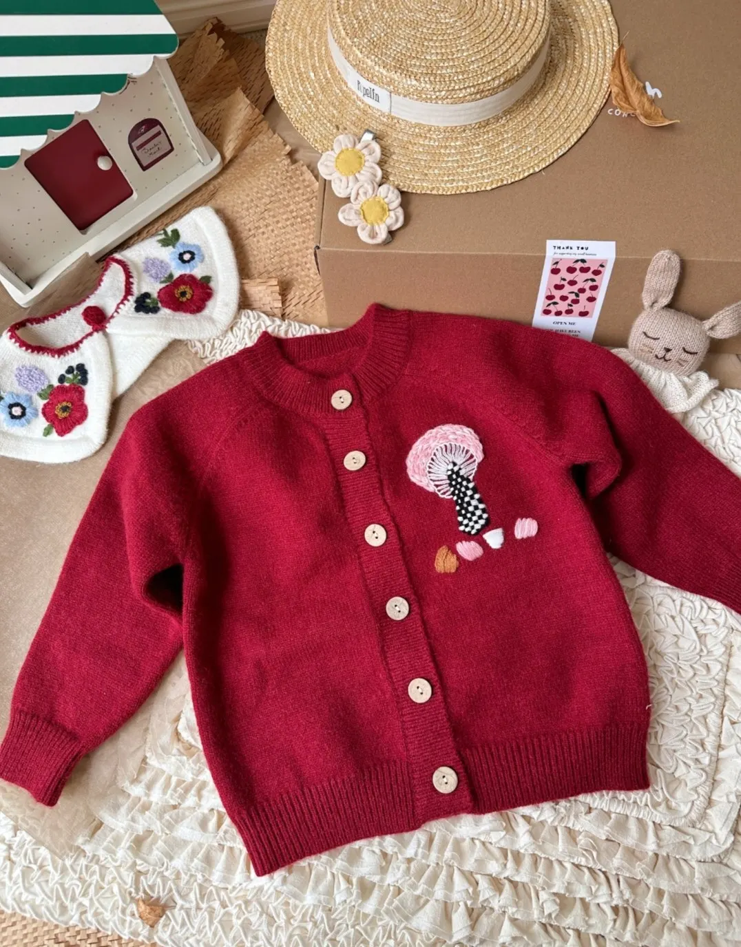 2026 New Autumn Winter Baby Girls Heavy Craft Hand Embroidered Bear & Mushroom Knit Cardigan, Versatile Kids Outerwear