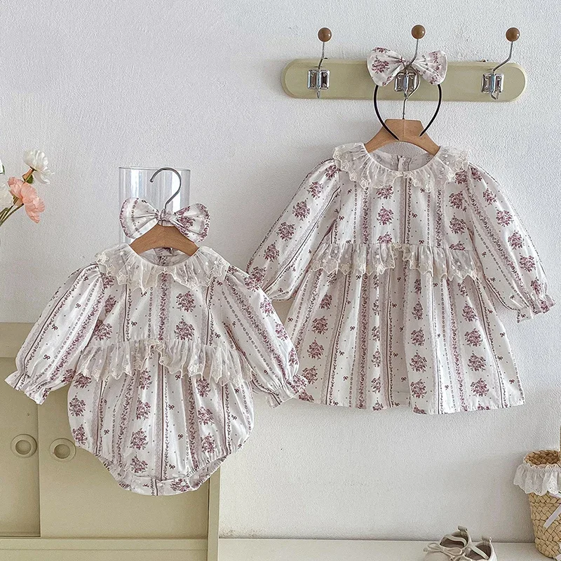 2026 New Spring Sister Clothes 2-7Yrs Girl Party Dress Long Sleeved Cotton Print Baby Girl Romper Kids Princess Dresses
