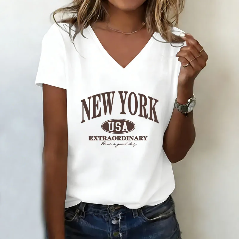 Fashion T-shirt V Neck Casual Y2k USA NEW YORK Printed T Shirts Women Short Sleeve Tee Shirt V-Neck Summer T SHIRT