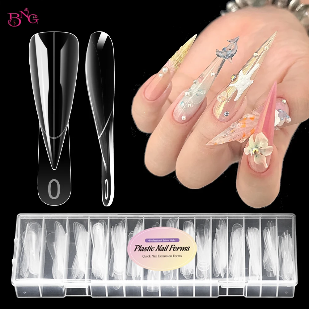 BNG Long Stiletto Nail Dual Forms Clear Nail Extension Molds Reusable Gel Top Forms Thin Cuticle Area for Builder Gel 150PCS