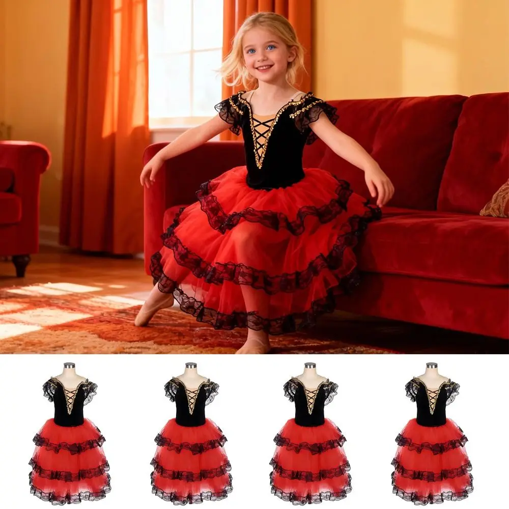 Vestido de Ballet de lentejuelas de España, tutú de Ballet profesional rojo, vestido de fiesta, trajes de baile largos para niños