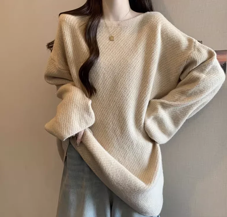 الخريف حجم كبير الأحمر فضفاضة طويلة الأكمام طاقم الرقبة سترة المرأة سميكة محبوك المتوسطة وطويلة الحلو القوس سترة قطعتين مجموعات