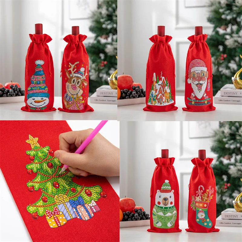 Christmas Cartoons Patterns Candy Bag 5D DIY Red Wine Bag Special Shape Drill Bottle Decoration Gift Bags Diamond Painting NEW