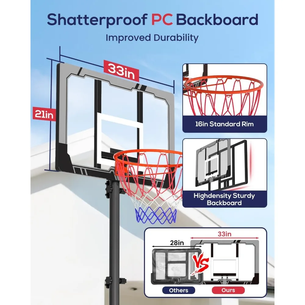Cesta de basquete portátil externa ajustável para crianças de 4 a 10 pés, objetivos de tabela inquebráveis de 33-44 polegadas