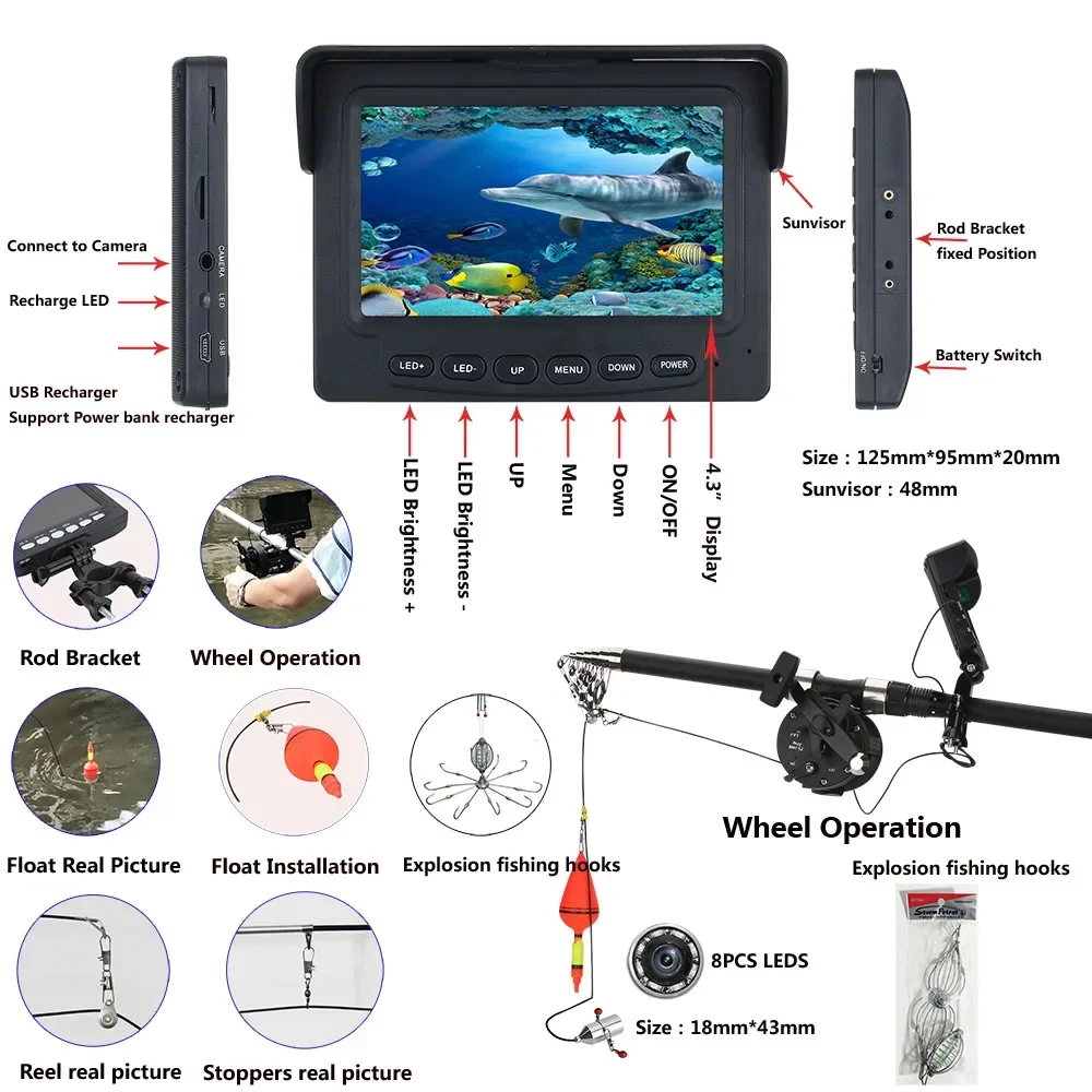 20254.3 Inch Color Monitor Underwater Fishing Video Camera Kit with 8 Pcs IR LED Lights with Explosion fishing hooks