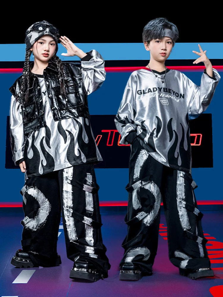 

Детская одежда в стиле хип-хоп Kpop, толстовка с серым пламенем, укороченный жилет, спортивные штаны с граффити на бретельках для девочек и мальчиков, костюмы для уличных танцев, одежда