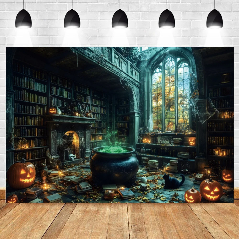 Halloween Photography Backdrop Witch Magic Cauldron Bookshelf in Spooky Room Party Decoration Photo Background Studio Booth Prop