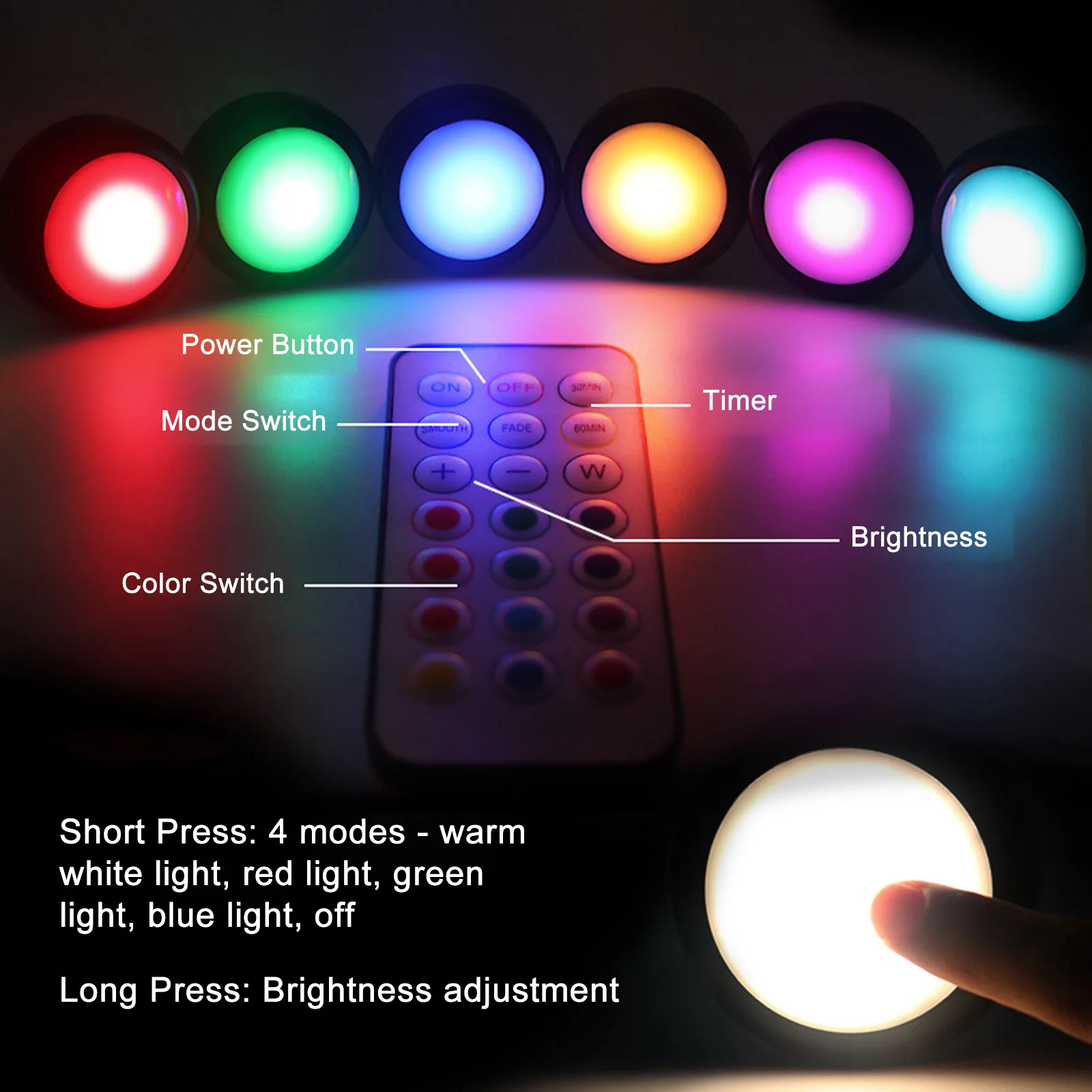 0.6W LED Puck Lights Color Changing Night Light Under Cabinet Lamp Decorative LED Lights 2500-6500K Maximum 40LM