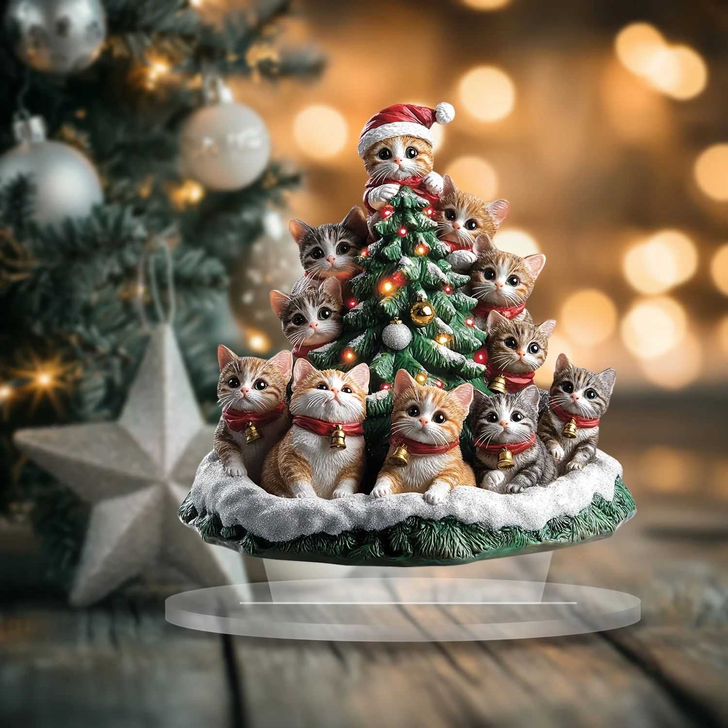 2D Adorable Acrylic Christmas Tree Kitten Ornament Xmas Desk Decor Delightful Birthday Gift Loved Ones Home Office  Cafe Display