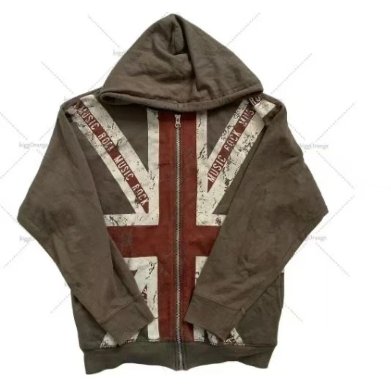 American Black New Fashion Trend Flag Printing Y2K Gothic Retro Hip Hop Men and Women Casual Punk Loose Zipper Street Clothing