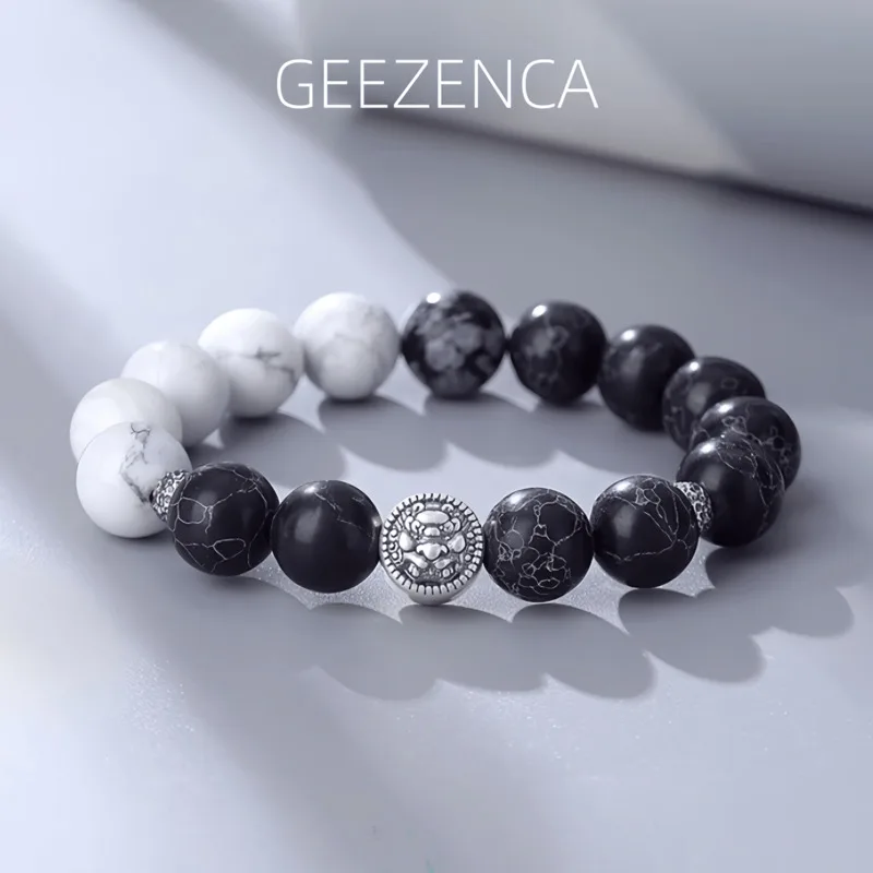 

GEEZENCA Natural Obsidian Turquoise Beaded Men's Bracelets 999 Silver Lion Black White Stone Simple Trendy Bracelet Gift For Him