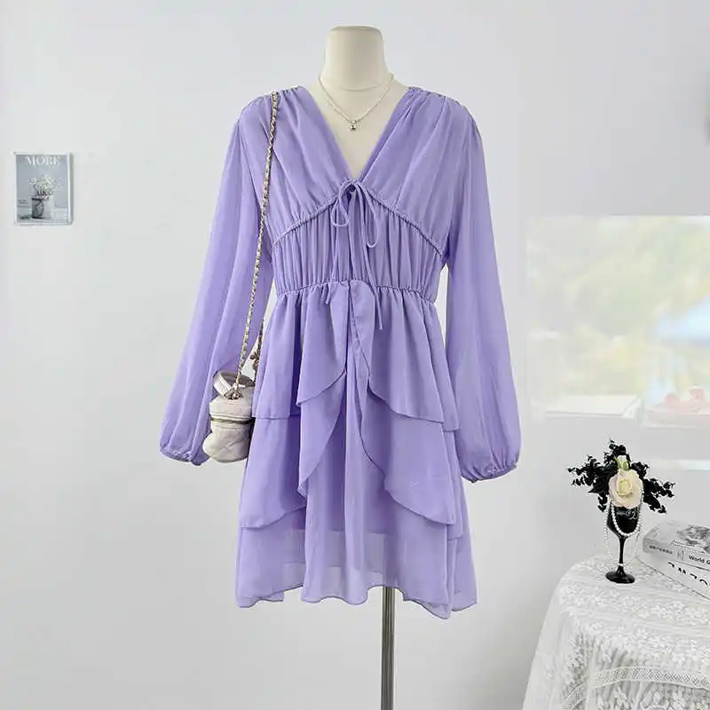 

Women Purple V Neck Dress Spring Solid Color Ruffles Lace-up Vestidos Elegant Female Puff Long Sleeve Loose Mid Length Dresses