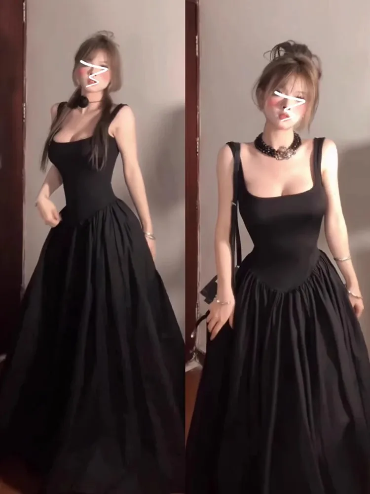 

A-shaped Midi skirt style, 2026 summer black strapless dress, new elegant waist tied long dress, France